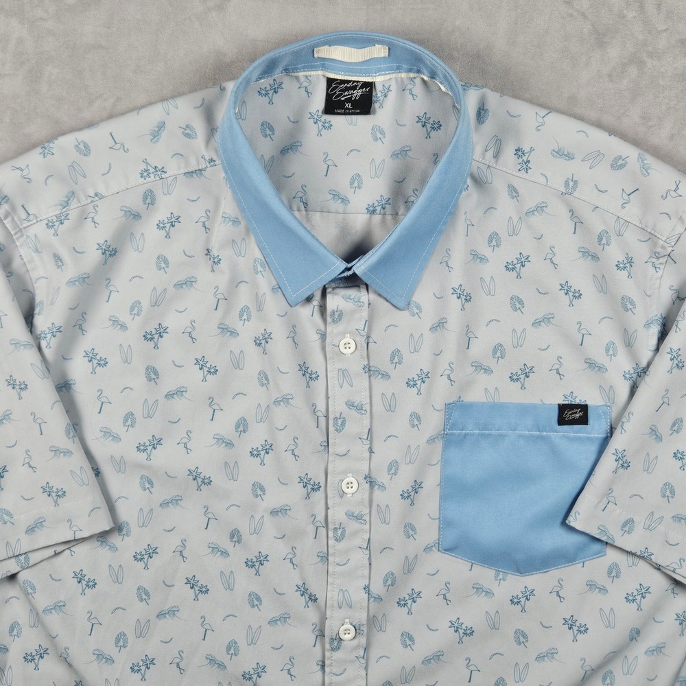 Sunday Swagger Button Up Shirt Mens XL Blue Tropical Flamingo Golf Performance
